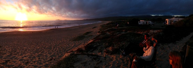 Panorama of sunset at Half Moon Bay State Beach